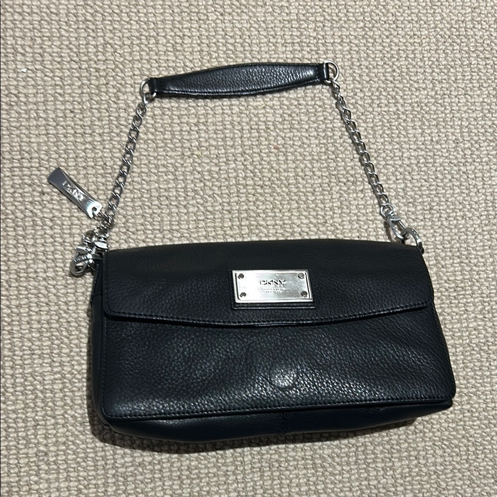 DKNY Black Pebbled Leather Shoulder Bag with Chain Strap